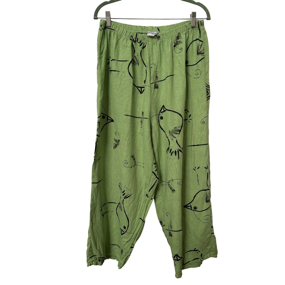 Liz and Jane Green Linen Bird Print Wide Leg Pants Plus Size 2X Made in USA